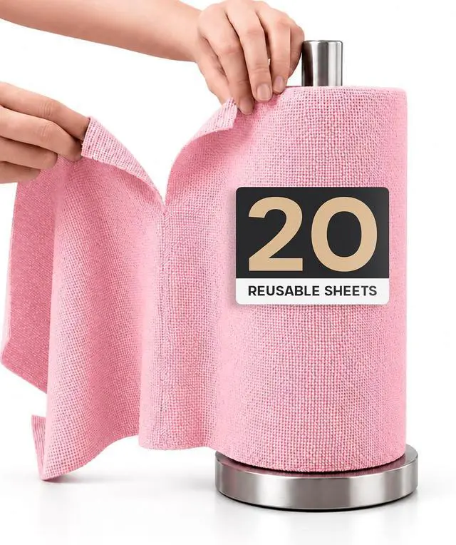 Main image of Microfiber Cleaning Cloth Roll 20 Sheets 11" x 10" Tear Away Microfiber Towel Roll Reusable Paper Towels Washable Ultra Absorbent Lint-Free Cleaning Cloths for Kitchen, Car and Home Use, Pink