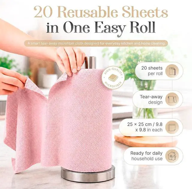 Alt view image 2 of 7 - Microfiber Cleaning Cloth Roll 20 Sheets 11" x 10" Tear Away Microfiber Towel Roll Reusable Paper Towels Washable Ultra Absorbent Lint-Free Cleaning Cloths for Kitchen, Car and Home Use, Pink