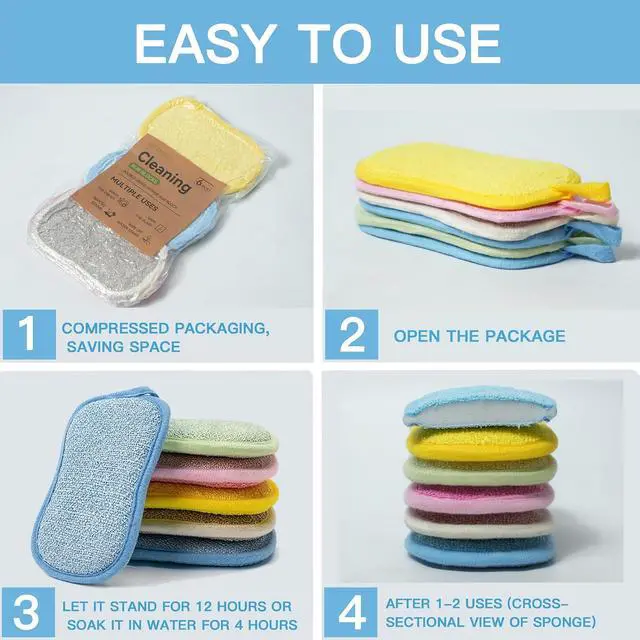 Alt view image 2 of 7 - Dish Sponge Kitchen Sponges,Scrub Sponges,Double Sided Cleaning,Non Scratch,Ultra fine Fiber Wiping+Stainless Steel Wire to Remove Stubborn Stains,Durable Thickening (Large 6-Pack)