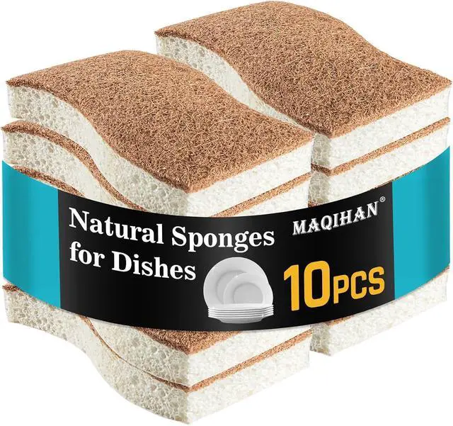 Main image of MAQIHAN 10PCS Natural Sponges for Dishes - Biodegradable Sponges Kitchen Eco Friendly Dish Sponge Non-Scratch Sponges for Cleaning Kitchen