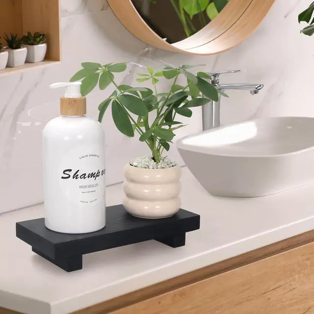 Alt view image 7 of 7 - Black Wooden Bathroom Sink Counter Tray Decor Small Pedestal Stand Display