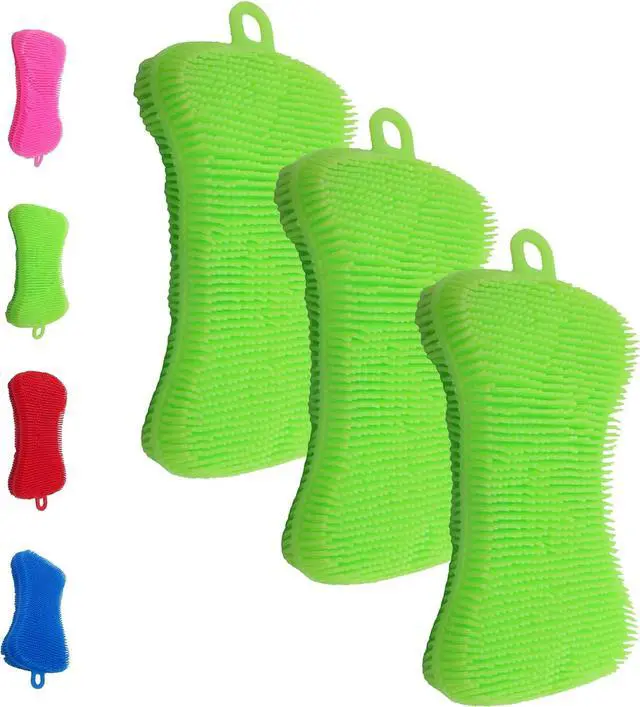 Main image of Gadgetime USA Silicone Dish Sponge - Dishwashing Kitchen Scrubber - Double Sided Sponge Brush - Multipurpose & Reusable Silicone Dish Sponges for Dishes, Fruits & Vegetables Cleaning - Green (3 Pack)