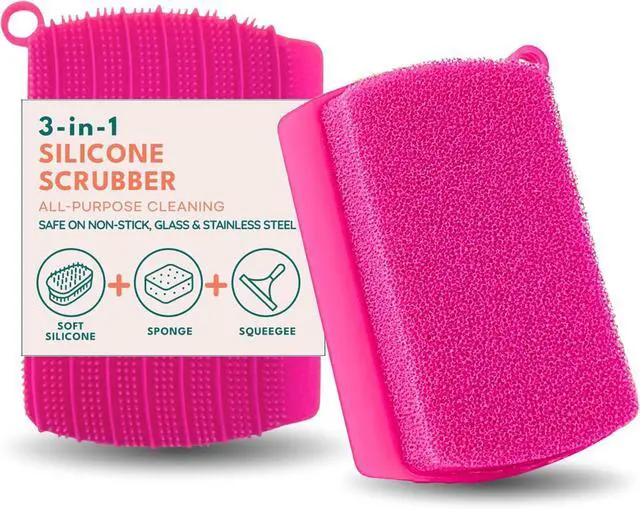 Main image of 3-in-1 Silicone Scrubber Sponge with Squeegee Non-Scratch Kitchen Sponge for Dishes, Sink & Bathroom, Quick-Dry, Reusable Cleaning Tool (Pink)