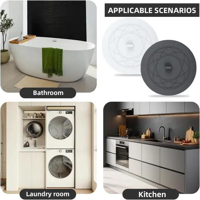 Alt view image 7 of 7 - Tub Stopper 2PCS,Bathtub Drain Stopper,6 inches Bathtub Tub Drain Cover Stopper,Silicone Drain Plug,Kitchen Bathroom Hair Water Shower Stopper,Large Bathroom Laundry Accessories (Grey/White)