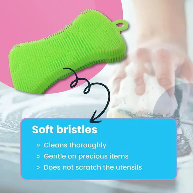 Alt view image 4 of 7 - Gadgetime USA Silicone Dish Sponge - Dishwashing Kitchen Scrubber - Double Sided Sponge Brush - Multipurpose & Reusable Silicone Dish Sponges for Dishes, Fruits & Vegetables Cleaning - Green (3 Pack)