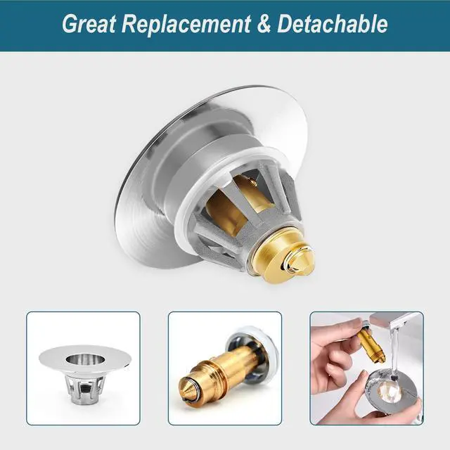 Alt view image 4 of 7 - Universal Bathroom Sink Stopper - Upgraded Pop up Drain Strainer with Hair Catcher, Fits 1.1-1.5 Inch U.S. Standard Drain Holes - Anti-Clogging Filter - Pure Brass Construction