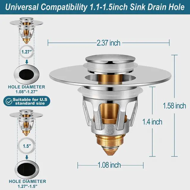 Alt view image 2 of 7 - Universal Bathroom Sink Stopper - Upgraded Pop up Drain Strainer with Hair Catcher, Fits 1.1-1.5 Inch U.S. Standard Drain Holes - Anti-Clogging Filter - Pure Brass Construction