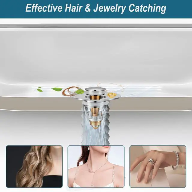 Alt view image 6 of 7 - Universal Bathroom Sink Stopper - Upgraded Pop up Drain Strainer with Hair Catcher, Fits 1.1-1.5 Inch U.S. Standard Drain Holes - Anti-Clogging Filter - Pure Brass Construction