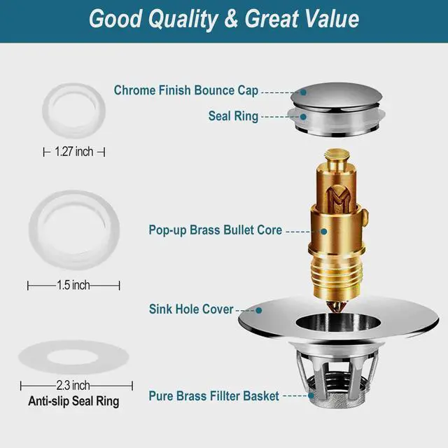Alt view image 7 of 7 - Universal Bathroom Sink Stopper - Upgraded Pop up Drain Strainer with Hair Catcher, Fits 1.1-1.5 Inch U.S. Standard Drain Holes - Anti-Clogging Filter - Pure Brass Construction