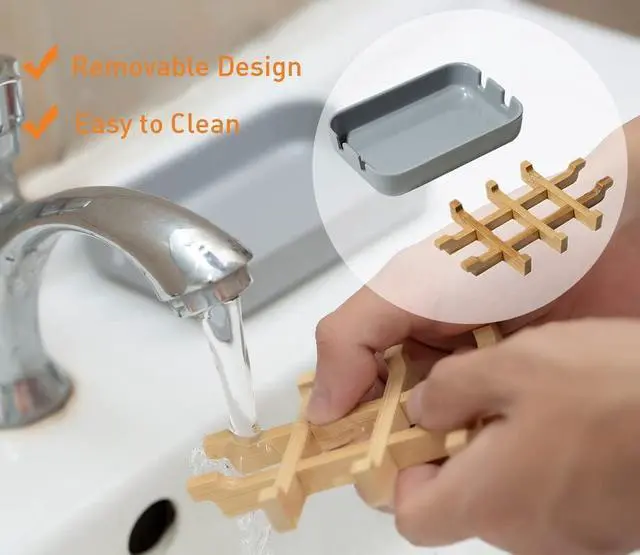 Alt view image 4 of 7 - Eco-Friendly Bamboo Soap Dishes, Removable Soap/Sponge Holder for Home, Bathtub Soap Tray, Grey