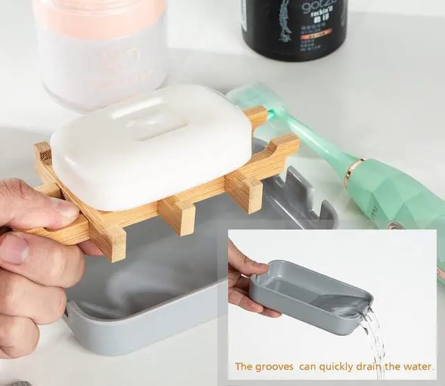 Alt view image 5 of 7 - Eco-Friendly Bamboo Soap Dishes, Removable Soap/Sponge Holder for Home, Bathtub Soap Tray, Grey