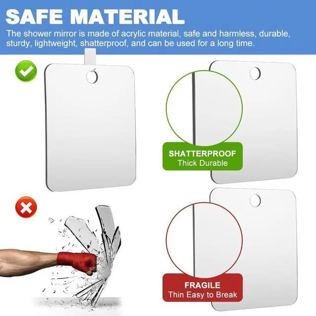 Alt view image 4 of 7 - Shower Mirror for Shaving, Hanging Bathroom Shower Mirror, 9.5'' x 7.9'' with Adhesive Hook, Unbreakable Little Mirrors for Bathroom, Bedroom and Dorm Locker