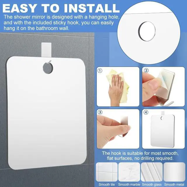 Alt view image 5 of 7 - Shower Mirror for Shaving, Hanging Bathroom Shower Mirror, 9.5'' x 7.9'' with Adhesive Hook, Unbreakable Little Mirrors for Bathroom, Bedroom and Dorm Locker