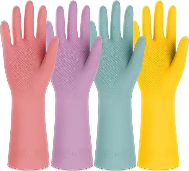 Main image of 4 Pairs Rubber Kitchen Dishwashing Gloves - Colorful Reusable Household Cleaning Gloves Outdoor Chores for Women & Men (Medium)
