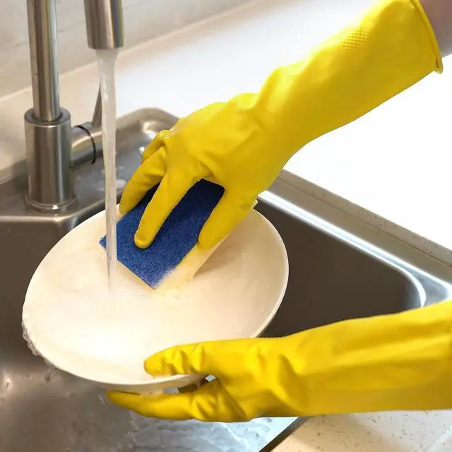Alt view image 2 of 6 - 4 Pairs Rubber Kitchen Dishwashing Gloves - Colorful Reusable Household Cleaning Gloves Outdoor Chores for Women & Men (Medium)