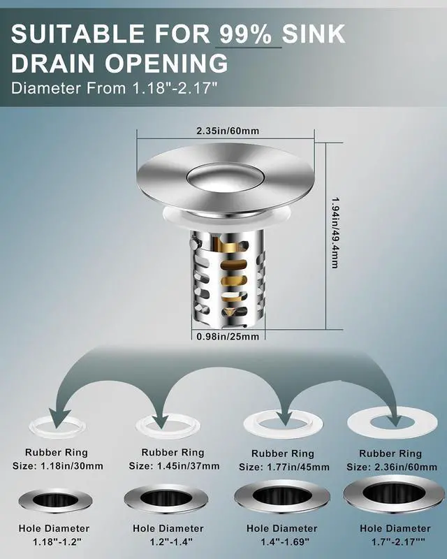 Alt view image 5 of 7 - Bathroom Sink Drain Strainer,Universal Fit 99% Bathroom Sink Stopper, Anti-Clog Stainless Steel Drain Filter Basket, Removable Sink Drain for Bathroom Sink Stopper for (1.18'' to 2.17'' inch) Drain