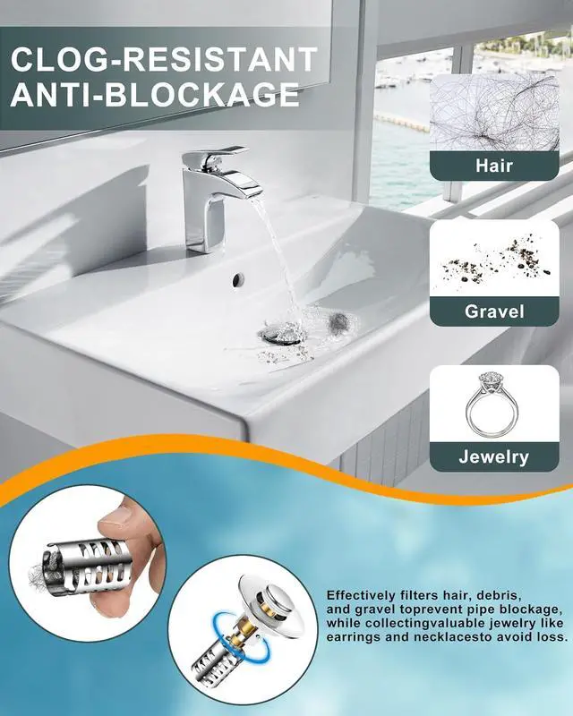 Alt view image 2 of 7 - Bathroom Sink Drain Strainer,Universal Fit 99% Bathroom Sink Stopper, Anti-Clog Stainless Steel Drain Filter Basket, Removable Sink Drain for Bathroom Sink Stopper for (1.18'' to 2.17'' inch) Drain