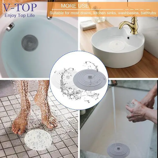 Alt view image 7 of 7 - Bathtub Drain Stopper 3 Pack, V-TOP 5inch Tub Stopper Bathtub Drain Cover, Silicone Bath Tub Plug Essentials Flat Suction for Kitchen Bathroom Laundry Accessories