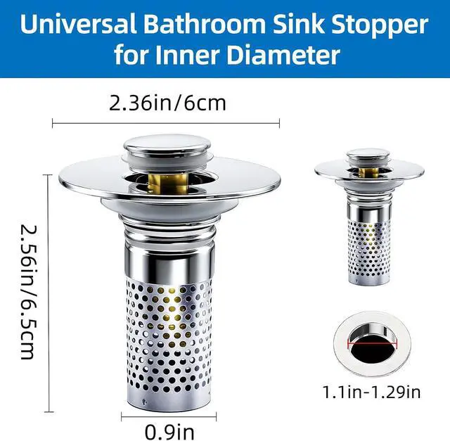 Alt view image 2 of 5 - Bathroom Sink Drain Strainer, Pop-up Sink Drain Strainer with Removable Stainless Basket Hair Catcher, Bathroom Sink Stopper,1 Pack