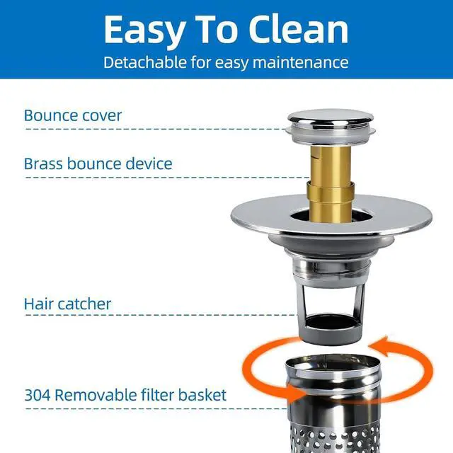 Alt view image 4 of 5 - Bathroom Sink Drain Strainer, Pop-up Sink Drain Strainer with Removable Stainless Basket Hair Catcher, Bathroom Sink Stopper,1 Pack