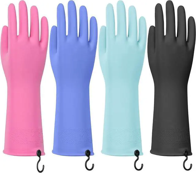 Main image of 4 Pairs Rubber Dishwashing Gloves with Hanging Hooks - Reusable Cleaning Gloves for Kitchen & Household, Non-Slip, Durable and Flexible (Medium, 4 Colors: Black, Pink, Blue, Purple)
