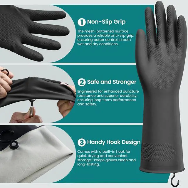 Alt view image 2 of 6 - 4 Pairs Rubber Dishwashing Gloves with Hanging Hooks - Reusable Cleaning Gloves for Kitchen & Household, Non-Slip, Durable and Flexible (Medium, 4 Colors: Black, Pink, Blue, Purple)