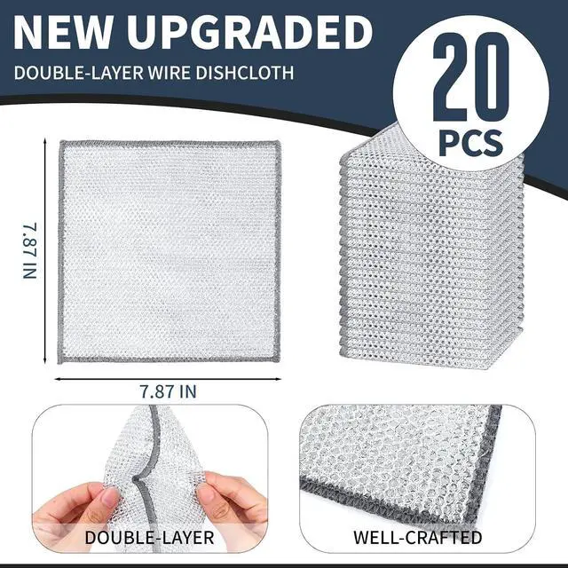 Alt view image 2 of 7 - Double Layer Steel Wire Dishcloth, 20 Pcs Double-Layer Steel Wire Cleaning Cloth,Powerful Cleaning Non-Scratch Wire Dishcloth Rag for Cookware, Sinks, Dishes, Stove Tops (7.87''x7.87'') New Upgrade