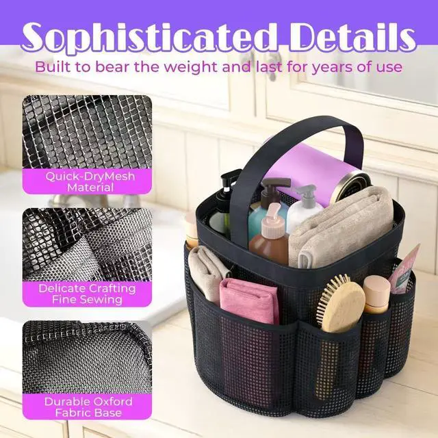 Alt view image 5 of 7 - Mesh Shower Caddy Portable with 8 Upgraded Deeper Pockets,Hanging Caddy Dorm Basket, Quick Dry Shower Bag