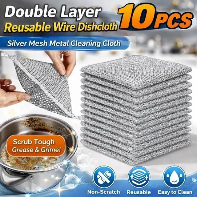 Alt view image 3 of 7 - Silver Mesh Dish Cloths (3 Layer) Non Scratch, Odor Free, Quick Dry Wire Cleaning Pads for Sinks, Dishes, Stove Top | Multipurpose Reusable Metal Scrubbers | 10 Pack