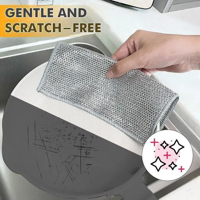 Alt view image 7 of 7 - Silver Mesh Dish Cloths (3 Layer) Non Scratch, Odor Free, Quick Dry Wire Cleaning Pads for Sinks, Dishes, Stove Top | Multipurpose Reusable Metal Scrubbers | 10 Pack