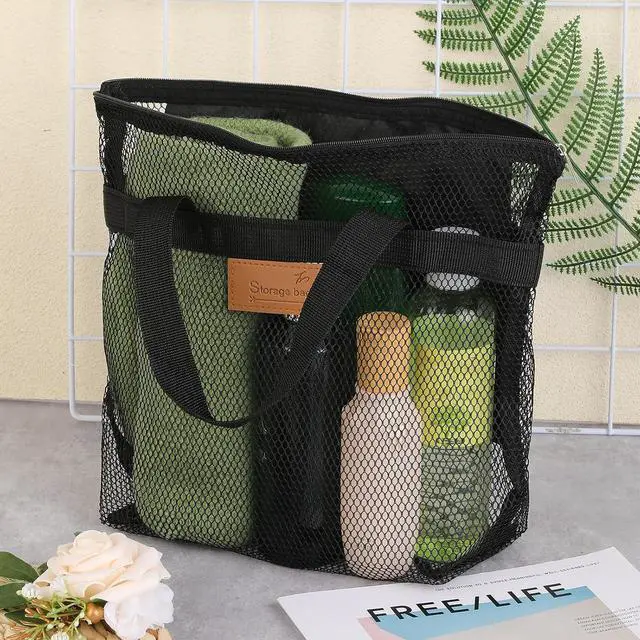 Alt view image 5 of 7 - KALIONE Mesh Shower Caddy Bag, Portable Gym Shower Bag, Quick Dry Hanging Toiletry and Bath Organizer with Zipper for College Dorm, Gym, Yoga, Swimming Pool, Travel(Black)