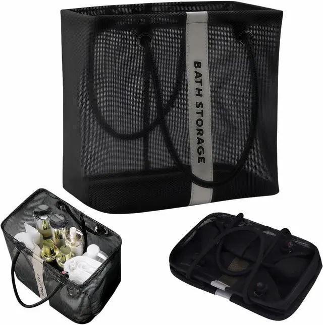 Main image of Large Shower Caddy with Wide Mouth, Foldable Mesh Organizer for Bathroom, College Dorm, Gym & Camping - Heavy Duty Cotton Handle, Quick-Dry Storage for Toiletries