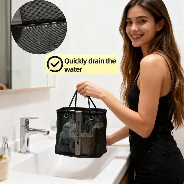 Alt view image 2 of 7 - Large Shower Caddy with Wide Mouth, Foldable Mesh Organizer for Bathroom, College Dorm, Gym & Camping - Heavy Duty Cotton Handle, Quick-Dry Storage for Toiletries