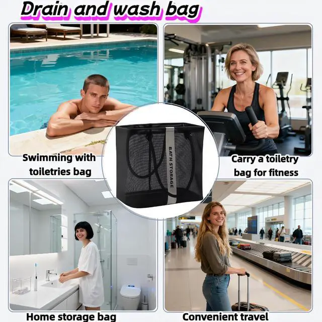 Alt view image 6 of 7 - Large Shower Caddy with Wide Mouth, Foldable Mesh Organizer for Bathroom, College Dorm, Gym & Camping - Heavy Duty Cotton Handle, Quick-Dry Storage for Toiletries