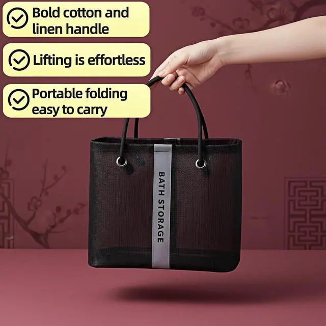 Alt view image 4 of 7 - Large Shower Caddy with Wide Mouth, Foldable Mesh Organizer for Bathroom, College Dorm, Gym & Camping - Heavy Duty Cotton Handle, Quick-Dry Storage for Toiletries