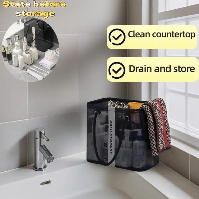 Alt view image 5 of 7 - Large Shower Caddy with Wide Mouth, Foldable Mesh Organizer for Bathroom, College Dorm, Gym & Camping - Heavy Duty Cotton Handle, Quick-Dry Storage for Toiletries