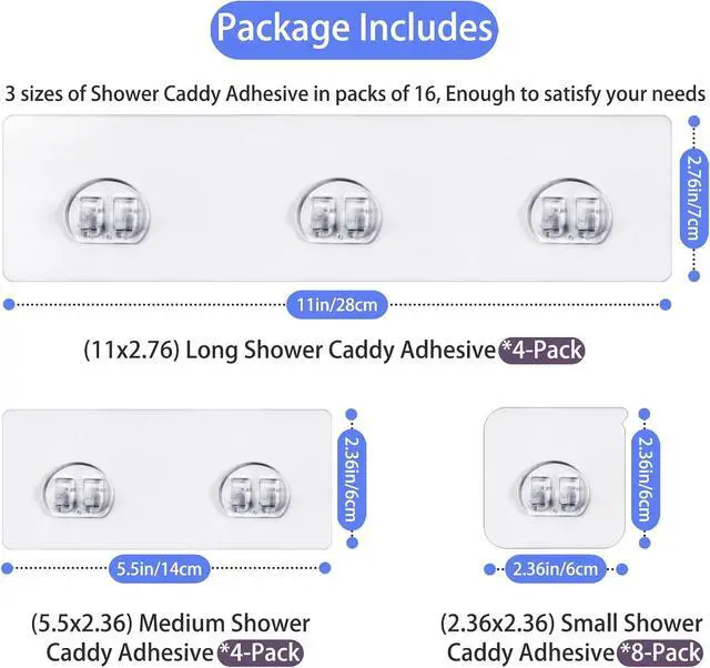 Alt view image 2 of 7 - Shower Caddy Adhesive - Strong Shower Caddy Adhesive Hooks Replacement, Waterproof Shower Adhesive Strips, No Drilling, for Bathroom Storage Shelves and Kitchen Racks 16 Pack