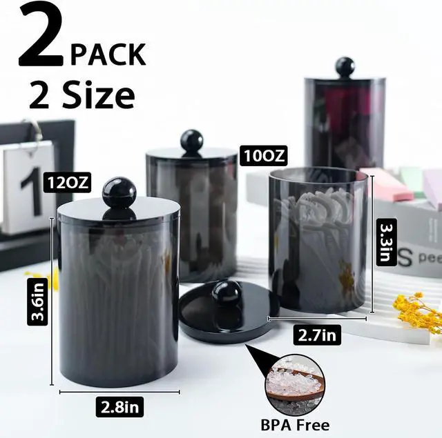 Alt view image 2 of 7 - 2 Pcs Acrylic Qtip Holder, Cotton Ball Holder Jars with Lids, Black