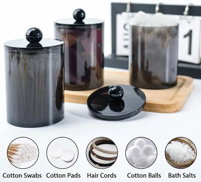 Alt view image 4 of 7 - 2 Pcs Acrylic Qtip Holder, Cotton Ball Holder Jars with Lids, Black
