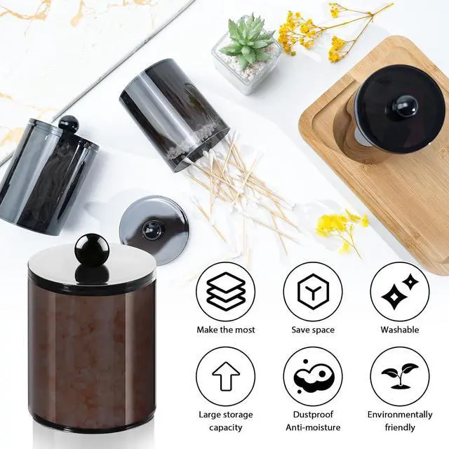Alt view image 3 of 7 - 2 Pcs Acrylic Qtip Holder, Cotton Ball Holder Jars with Lids, Black
