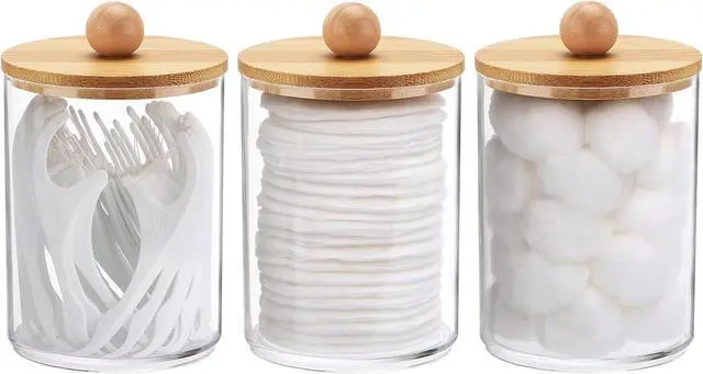 Main image of Tbestmax 10 Oz Cotton Swab/Ball/Pad Holder, Qtip Apothecary Jar, Clear Bathroom Containers Dispenser for Storage 3 Pack Wood Lids
