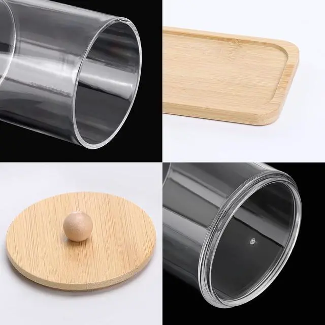 Alt view image 2 of 7 - Tbestmax 10 Oz Cotton Swab/Ball/Pad Holder, Qtip Apothecary Jar, Clear Bathroom Containers Dispenser for Storage 3 Pack Wood Lids