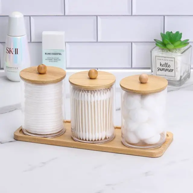 Alt view image 7 of 7 - Tbestmax 10 Oz Cotton Swab/Ball/Pad Holder, Qtip Apothecary Jar, Clear Bathroom Containers Dispenser for Storage 3 Pack Wood Lids
