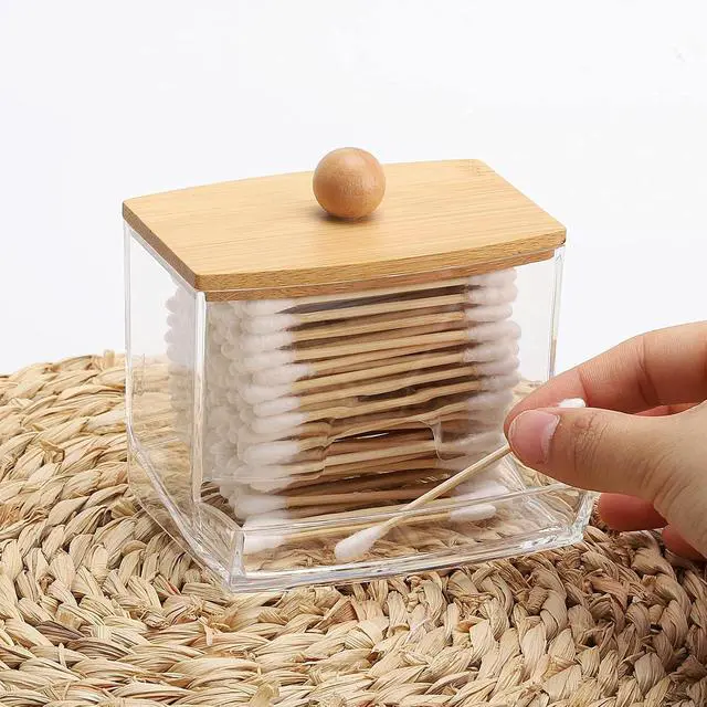 Alt view image 4 of 7 - Tbestmax 10oz Qtip Holder Dispenser with Bamboo Lids, Big Clear Bathroom Organizer Accessories Decor for Storage-Qtips Cotton Ball Holder Apothecary Jars, Cotton Swabs, Floss Container