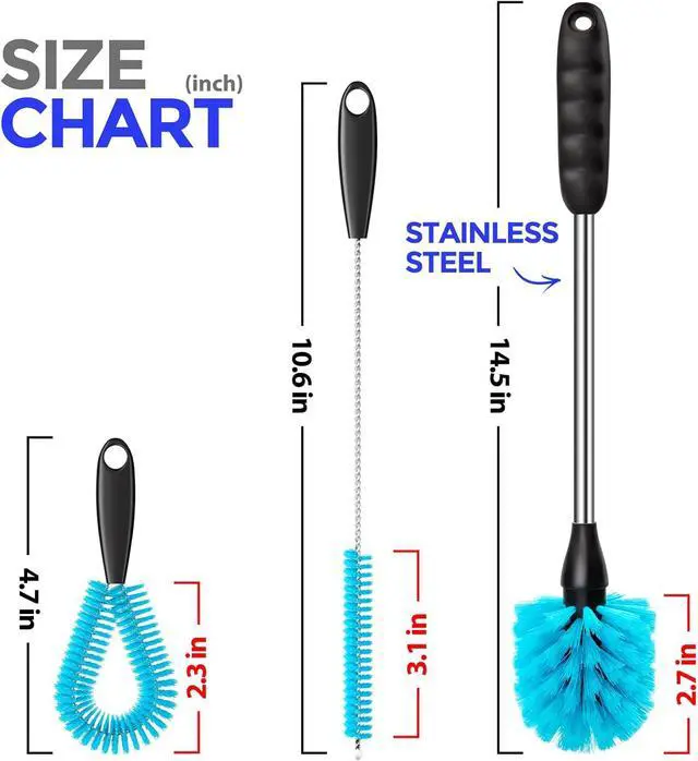 Alt view image 6 of 7 - Holikme 4 Pack Bottle Brush 14.5" Long Handle Stainless Steel Brush,Blue