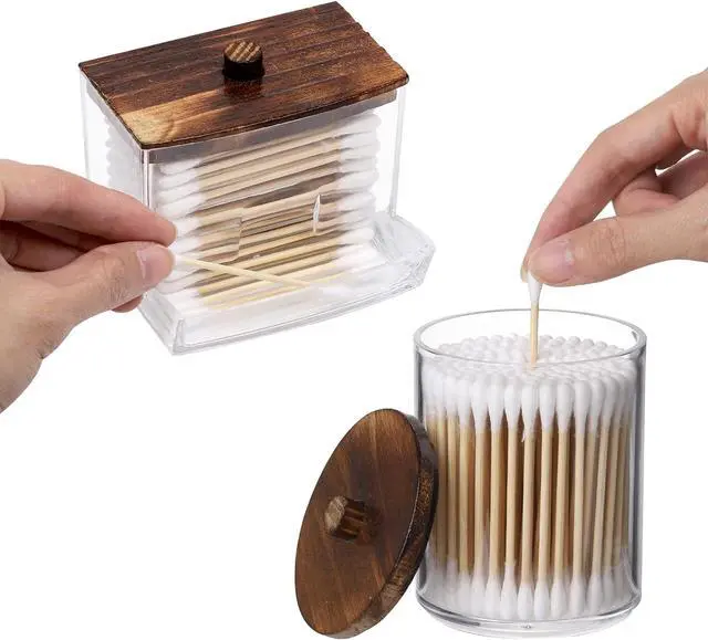 Alt view image 3 of 7 - Tbestmax 3 Pack Qtips Holder Bathroom Container, 10 oz Cotton Ball/Swabs Dispenser, Apothecary Jar Organizer for Storage Brown Wood Lids