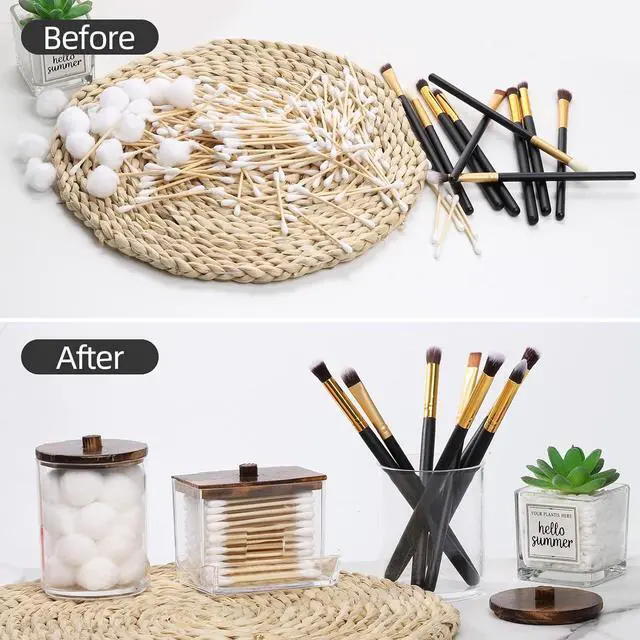 Alt view image 4 of 7 - Tbestmax 3 Pack Qtips Holder Bathroom Container, 10 oz Cotton Ball/Swabs Dispenser, Apothecary Jar Organizer for Storage Brown Wood Lids