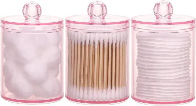 Main image of Tbestmax 3 Pack Cotton Swab Ball Pad Holder, 10 Oz Qtip Apothecary Jar Pink Makeup Organizer, Bathroom Containers Dispenser