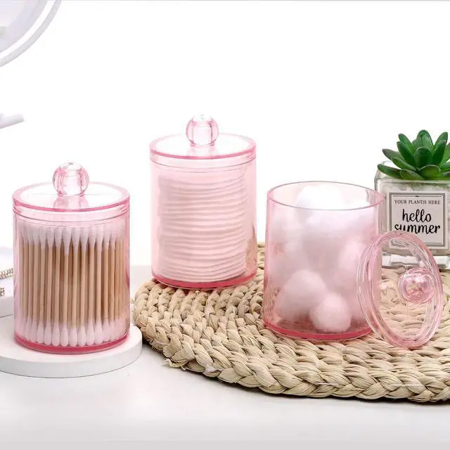 Alt view image 7 of 7 - Tbestmax 3 Pack Cotton Swab Ball Pad Holder, 10 Oz Qtip Apothecary Jar Pink Makeup Organizer, Bathroom Containers Dispenser