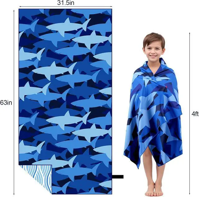 Alt view image 2 of 7 - Large Microfiber Beach Towel, Blue Shark Sand Free Beach Towel for Travel